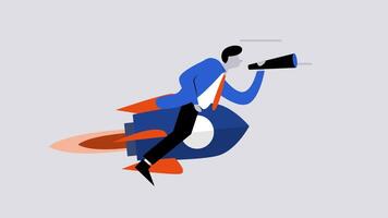 2D animation concept of a businessman riding a rocket, depicting business exploration and start-up video