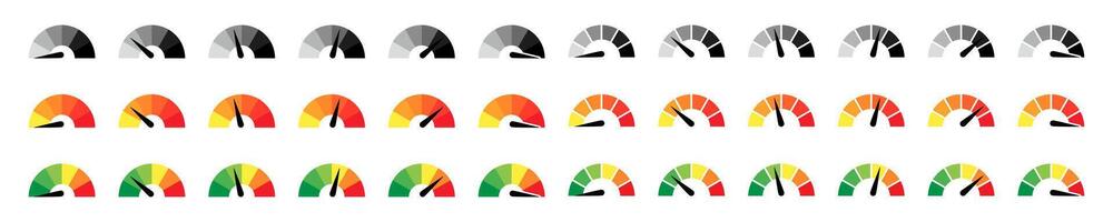 Gauge with arrow big set. Measurement gauges with arrows gradient collection. vector