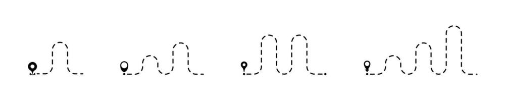 Dashed line path with location pin pointer. Dotted line path. Dashed trace. Travelling symbols. Abstract dashed lines. Way dirrection lines. Travel way vector