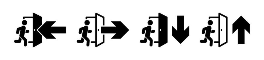 Emergency exit icon set. Directional arrows and exit door symbols vector