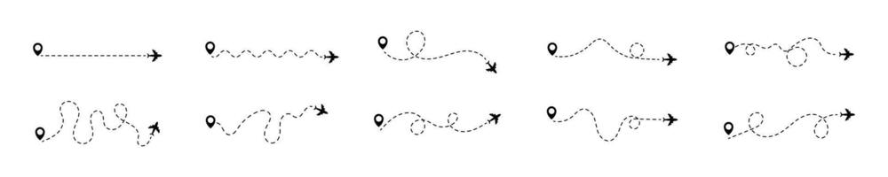 Airplane line path routes. Air plane flight routes isolated on white background. Icon with plane, destination and route of fly. Line path icon set vector