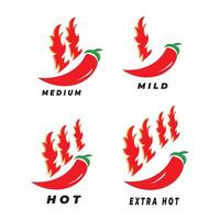 A set of chili icons with fire featuring a flaming design in bright red and orange colors, ideal for logos, symbols, decorations and illustrations. vector
