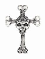Ornate skull cross with filingree pattens design by hand drawing and make graphic . vector