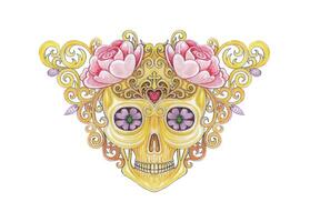 Vibrant floral skull. A colorful and ornate illustration of a skull, adorned with intricate floral patterns and decorative scrolls. vector