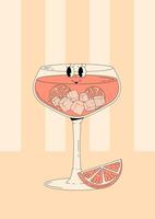 Groovy character pink grapefruit spritz with emotion. Retro summer poster with popular alcoholic cocktail and empty space. Vintage illustration vector