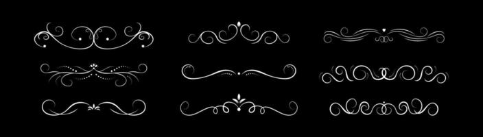 Set of white decorative swirls divider. Collection of calligraphic objects for wedding invitation, greeting card, book divider, certificate design. vintage border elements on black background vector