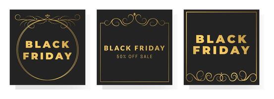 Black Friday, 50 off sale template with gold vintage calligraphic frame and typography on black background. Creative concept for card, banner, poster. set vector