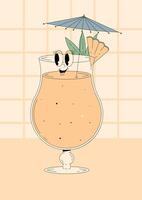 Groovy character pina colada with emotion. Retro summer poster with popular alcoholic cocktail and empty space. Vintage illustration 70s, 80s style vector