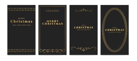 Merry Christmas and Happy New Year. Vertical stories templates with gold vintage calligraphic border, frame, typography on black background. set for card, banner, poster vector