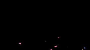 Confetti falling down motion graphic with alpha channel. Colorful paper shoot in heart, star, smile, circle, rectangle shape animated on transparent background. Party popper, particle, celebration. video