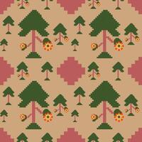 Seamless nature pattern of pixelated trees on yellow background. vector