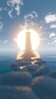 a lighthouse is reflected in the water with a sun in the background video