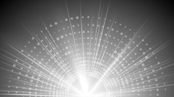 White color rotating glowing optical flair light rays with circular dots modern design glowing background video