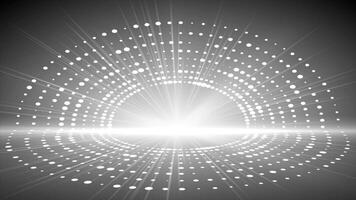 White color rotating glowing optical flair light rays with 3d space and circular dots modern design glowing background video