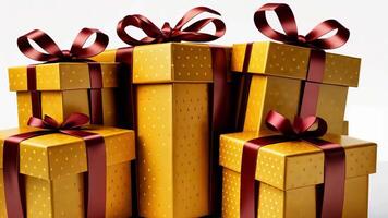 Three golden gift boxes with satin ribbons video