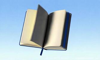 A blank open book with a black cover on a blue background. The pages are ready for writing, drawing, or other creative expression. The image symbolizes knowledge, creativity, and potential. video