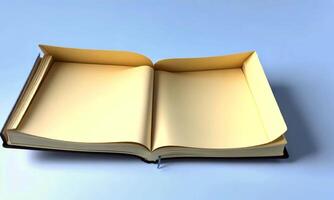 A blank open magic book with a black cover on a blue background. The pages are ready for writing, drawing, or other creative expression. The image symbolizes knowledge, creativity, and potential. video