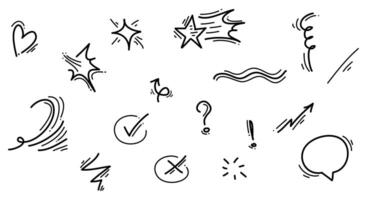 Hand drawn set of doodle emphasis design elements. wind, arrow, heart, exclamation, star. used for infographic concept design vector
