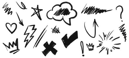 Hand drawn set of doodle emphasis design elements. Crown, arrow, heart, exclamation, star. used for infographic concept design vector