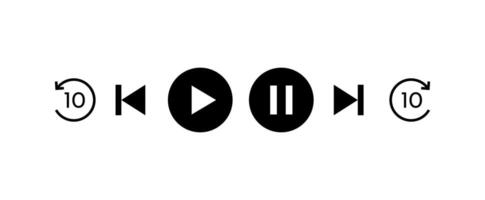 Playback icon set with 10 second previous and next. play, pause, start, end vector