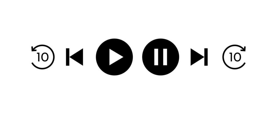 Playback icon set with 10 second previous and next. play, pause, start, end