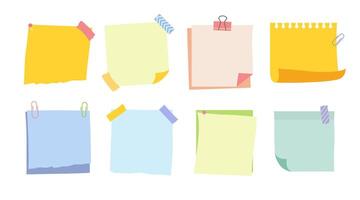 memo notes and reminders illustration set. square paper sheets with curved corners cute diary design with clip, pins and duct tape vector