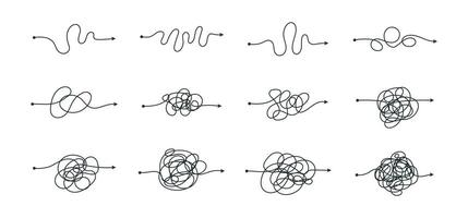 Complex and easy simple way from start to end illustration set. Chaos simplifying, problem solving and business solution searching challenge concept. Hand drawn doodle scribble chaos path lines vector