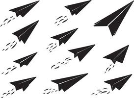 Paper airplanes depicted in flight, various angles and sizes, against a white background. Simple, graphic style. vector