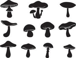 A collection of twelve distinct mushroom silhouettes, each depicted in black against a white background. Various shapes and sizes are shown. vector