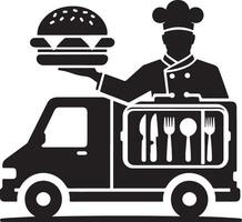Silhouette of a chef in a truck offering a burger. Cutlery is visible inside. Simple, blackandwhite graphic design. vector