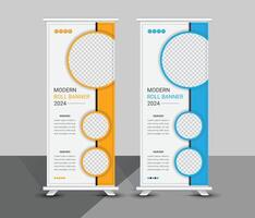 Creative yellow and white roll up banner template design vector