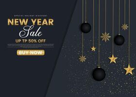 New Year sale 50 off,on Dark background banner template design with xmas and festive holiday special elements. vector