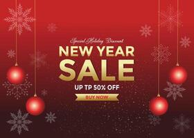 New Year sale 50 off, on red background banner template design with xmas and festive holiday special elements. vector