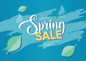 Hello Spring sale hand logotype Background, badge typography icon. Lettering spring season with leaf for greeting card, invitation template. banner poster template background, Sale, offer. vector