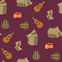 Hike. Seamless pattern with tent, guitar, backpack, flashlight, map. Endless textures for your design vector