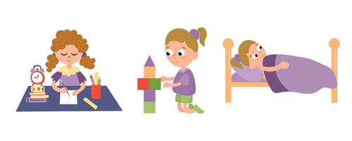 Child's daily routine. Does homework, plays, goes to bed. White background, isolate vector