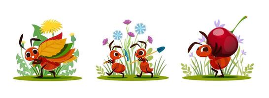 Cartoon ants characters with food and work tools vector