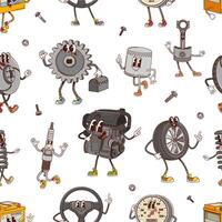 Groovy car spare parts and tool characters pattern vector