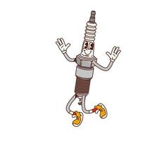 Cartoon retro groovy car spark plug character vector