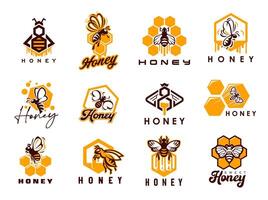 Honey bee, beekeeping icons with honeycombs vector