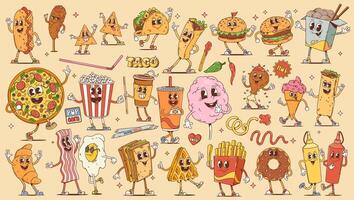 Fast food and breakfast retro groovy characters vector