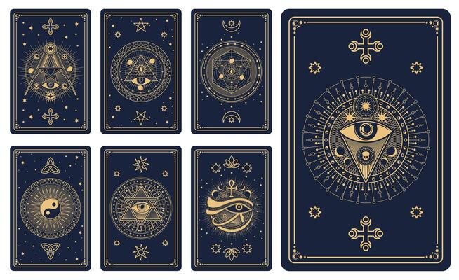 Magic tarot cards with occult, mystical symbols