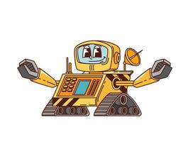 Retro robot groovy cartoon character bot on wheels vector
