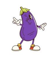 Groovy eggplant character, retro cartoon vegetable vector