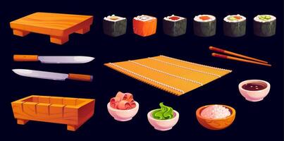 Cartoon japanese utensils for sushi and rolls vector