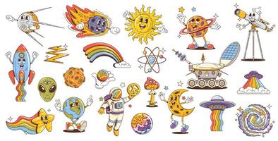 Retro groovy space characters, planet, rocket, UFO vector