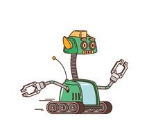 Cartoon retro groovy robot bot character on wheels vector