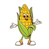 Groovy corn cob vegetable retro cartoon character vector