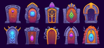 Fantasy magic gate door portals, game asset vector