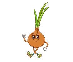 Cartoon groovy onion vegetable, funky character vector